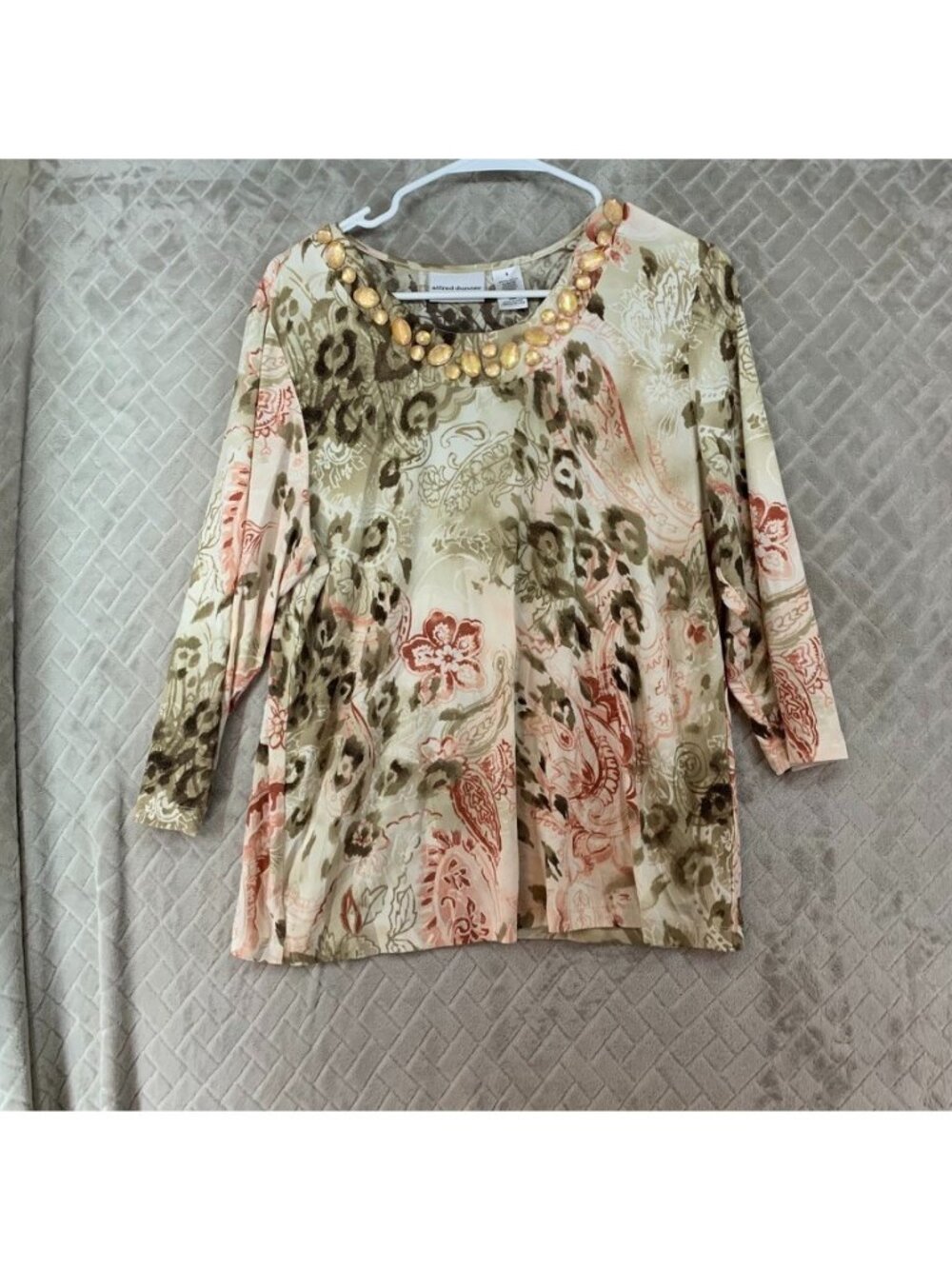 Alfred Dunner Shirt Womens S Colorful Floral Paisley 3/4 Sleeve Rhinestone Boho
